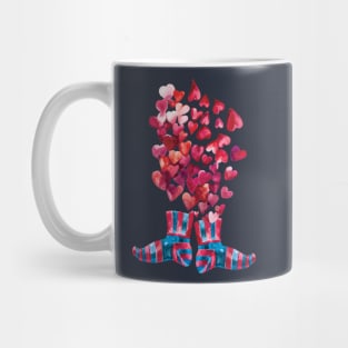 Pink hearts confetti and happy feet socks for Valentines on blue background Mug